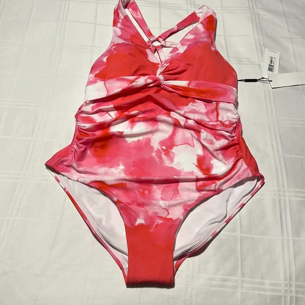Calvin Klein Women's Pink Tie Dye Stretch V-Neck One Piece Swimsuit Size 12 - Picture 5 of 7